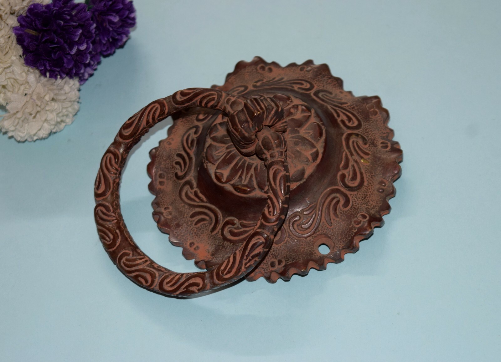 Brass Floral Engraved Door Pull Ornate Design Flower Base Art Gate Knocker EK951