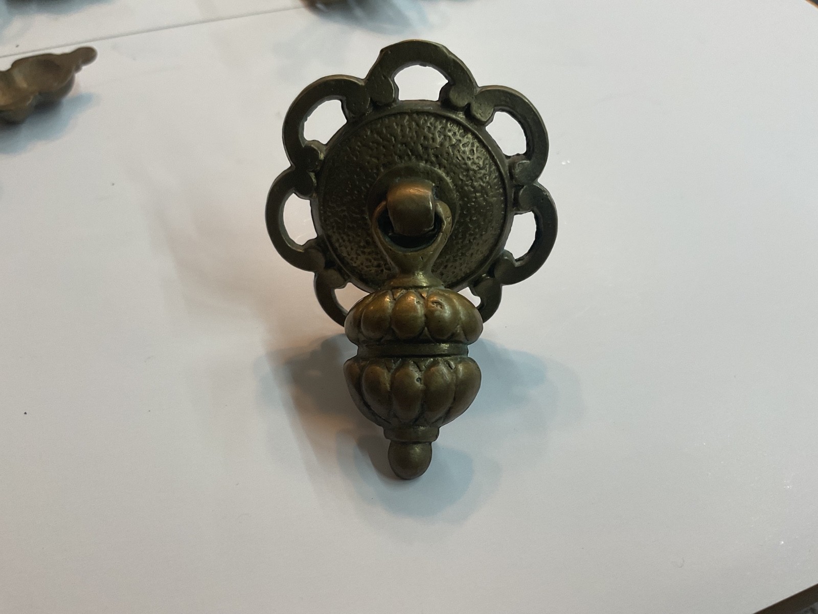 Set of 6 Antique Vintage Brass Teardrop Drop Pulls Ornate Scalloped