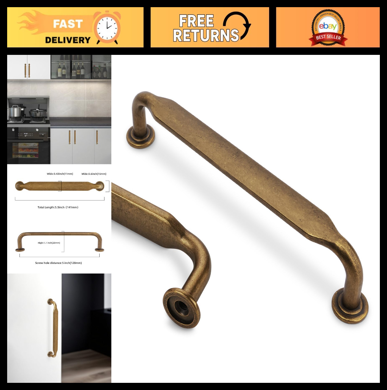 10 Pack 5″ Antique Brass Cabinet Pulls – Zinc Alloy Kitchen Drawer Handles