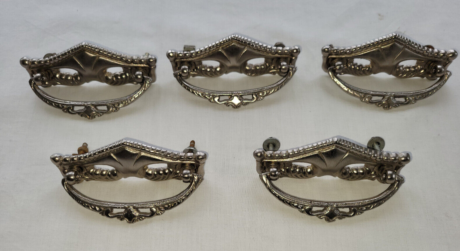 Set of 5 Nickel Plated Brass Drawer Pulls 4″ with Bail Handles