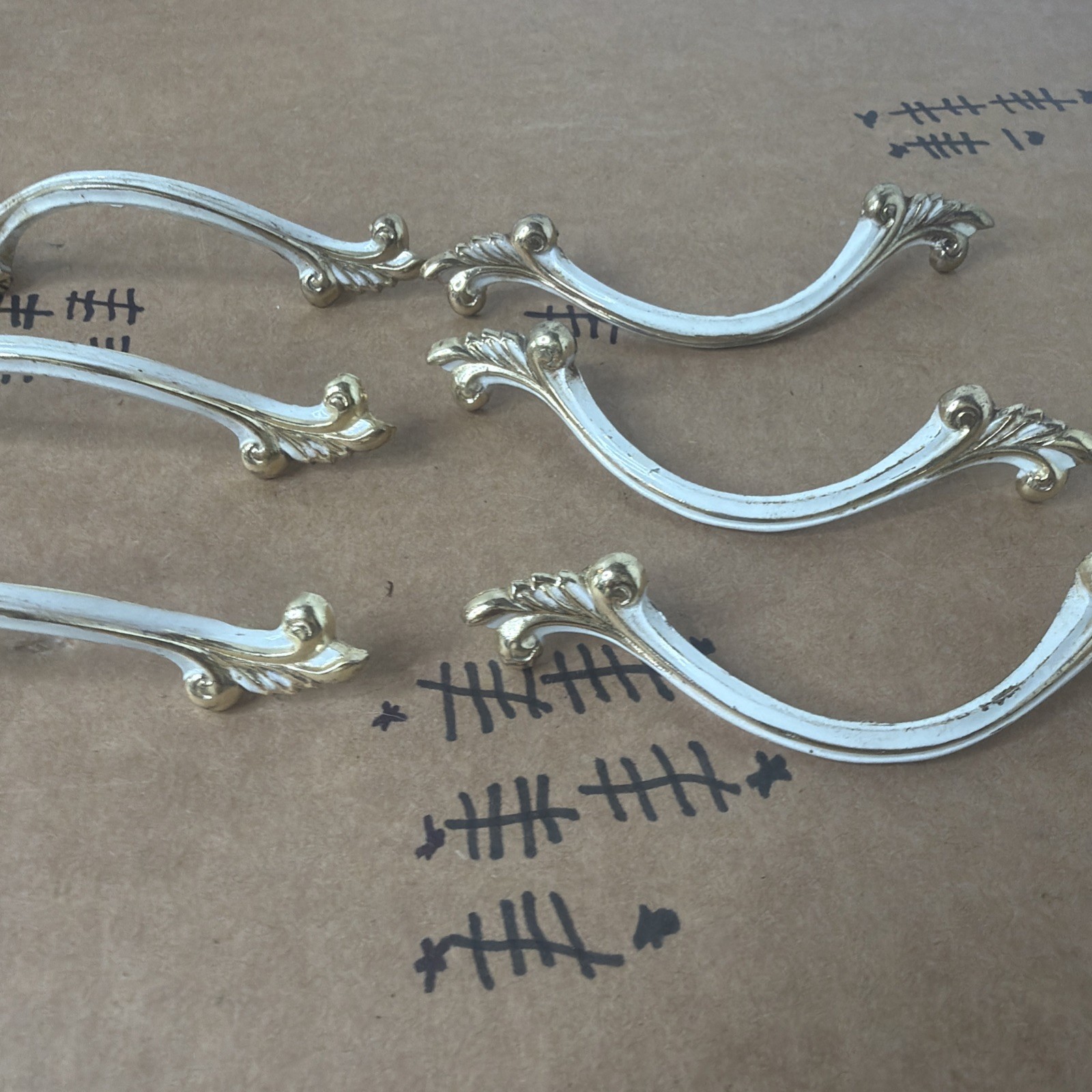 6 Vintage JB French Provincial MCM Antique Brass w/ White Drawer Pulls