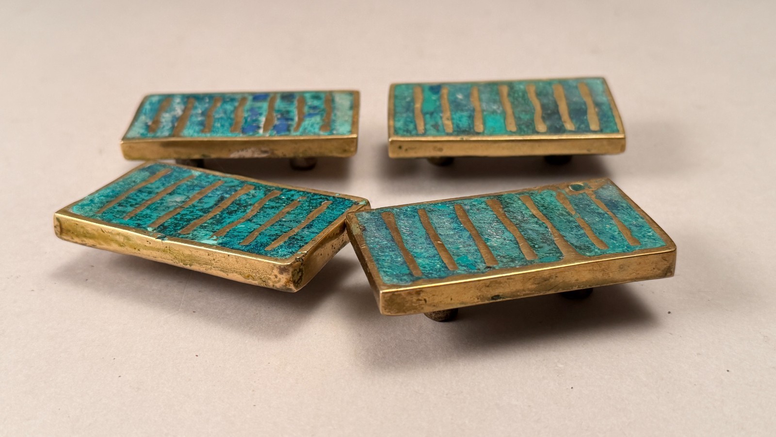 VINTAGE PEPE MENDOZA MID CENTURY MODERN 1958 4 DRAWER PULLS -MALACHITE AND BRASS