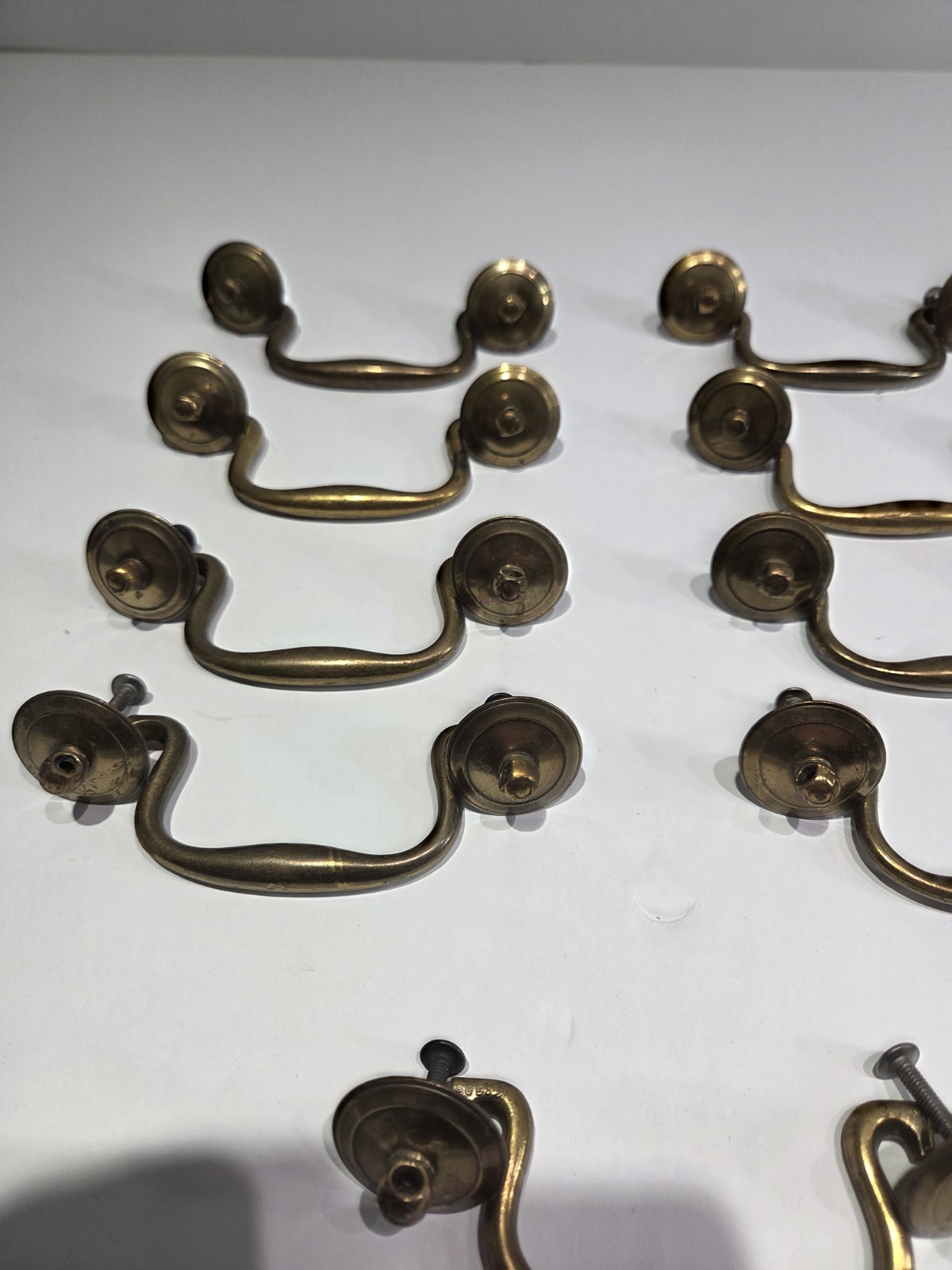 Lot 14 Vintage Cast Brass Swan Neck Bail Drawer Pulls Handles Restoration Metal