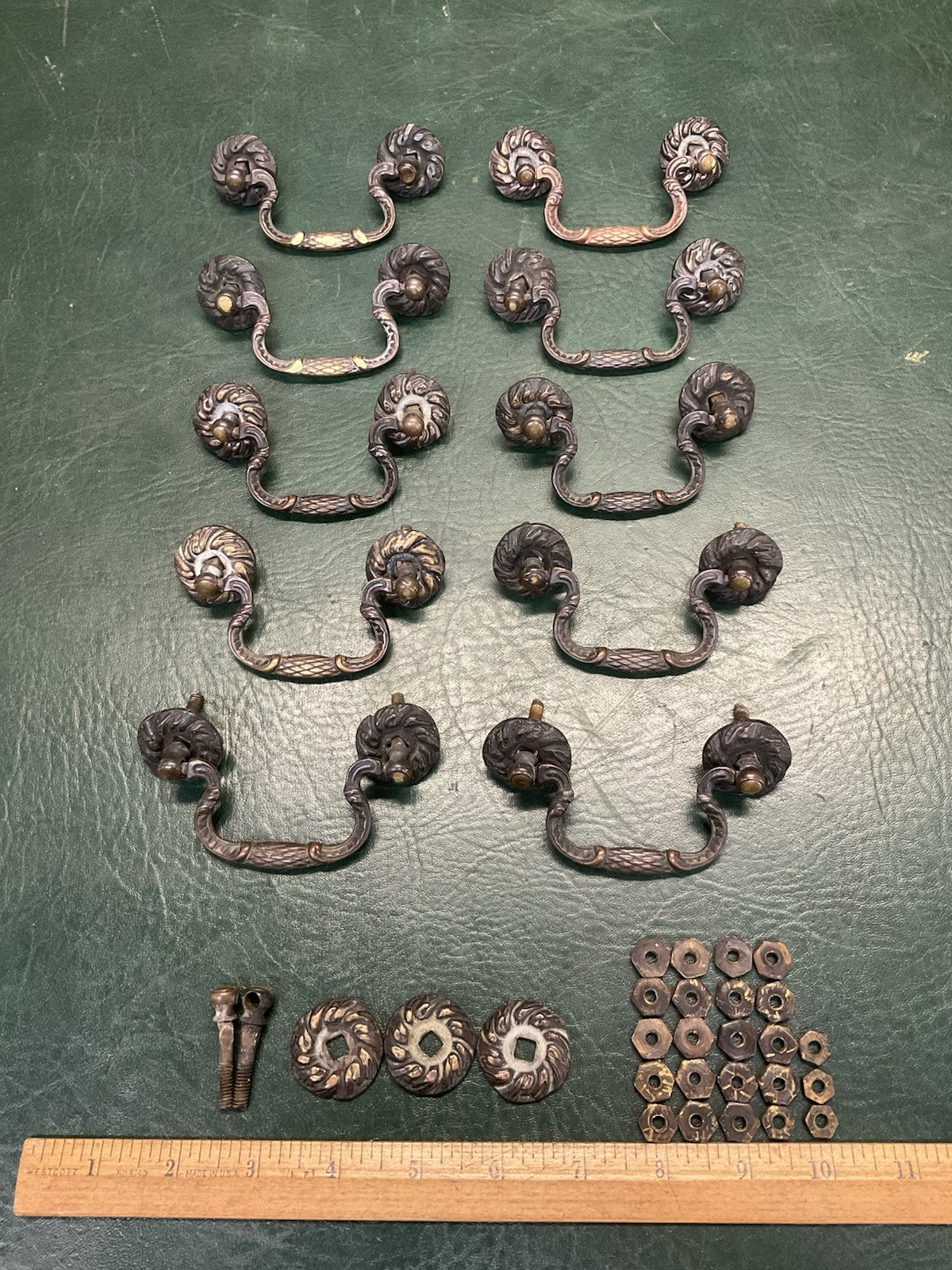 Set of 10 Antique Period Ornate Brass Drop Drawer Pulls Handles