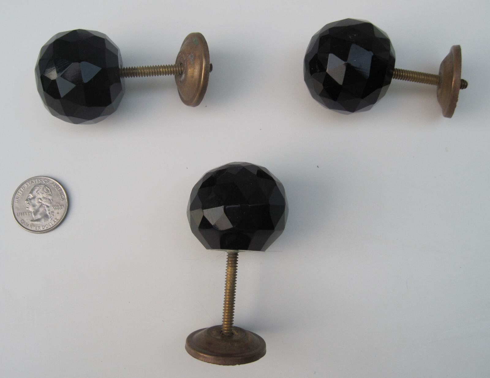 Vintage Set of 3 Knobs Black Glass Faceted Drawer Ball Round Brass 1 1/2″Dia
