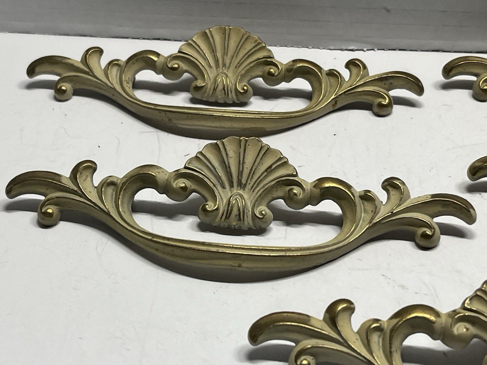 Vintage Lot (5) NOS KBC Brass & Beige Whitewash Shell Design Fixed Drawer Pulls