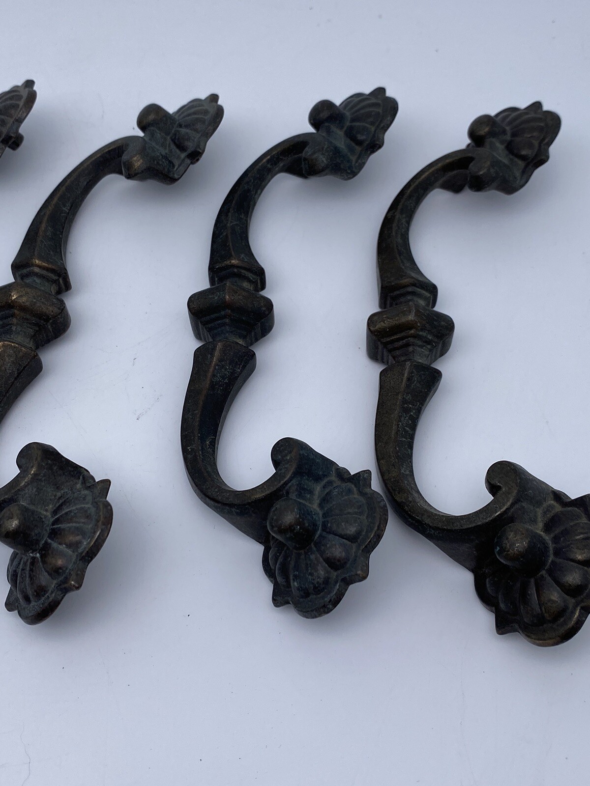 Set of 5 Vintage Antique Ornate Brass Drawer Pulls Handles 7″ Original Patina