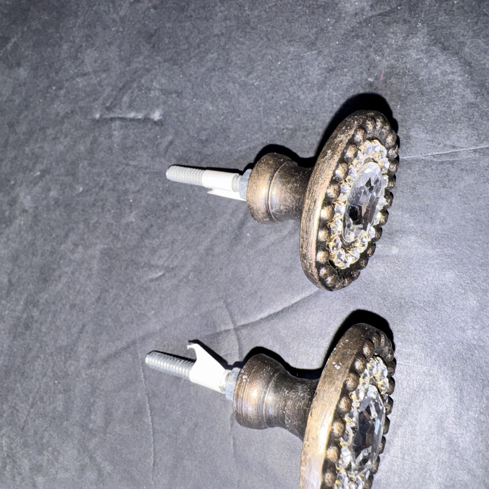 Set of 2 Vintage Rhinestone Oval Drawer Knobs Pulls Bronze Tone Cabinet Hardware