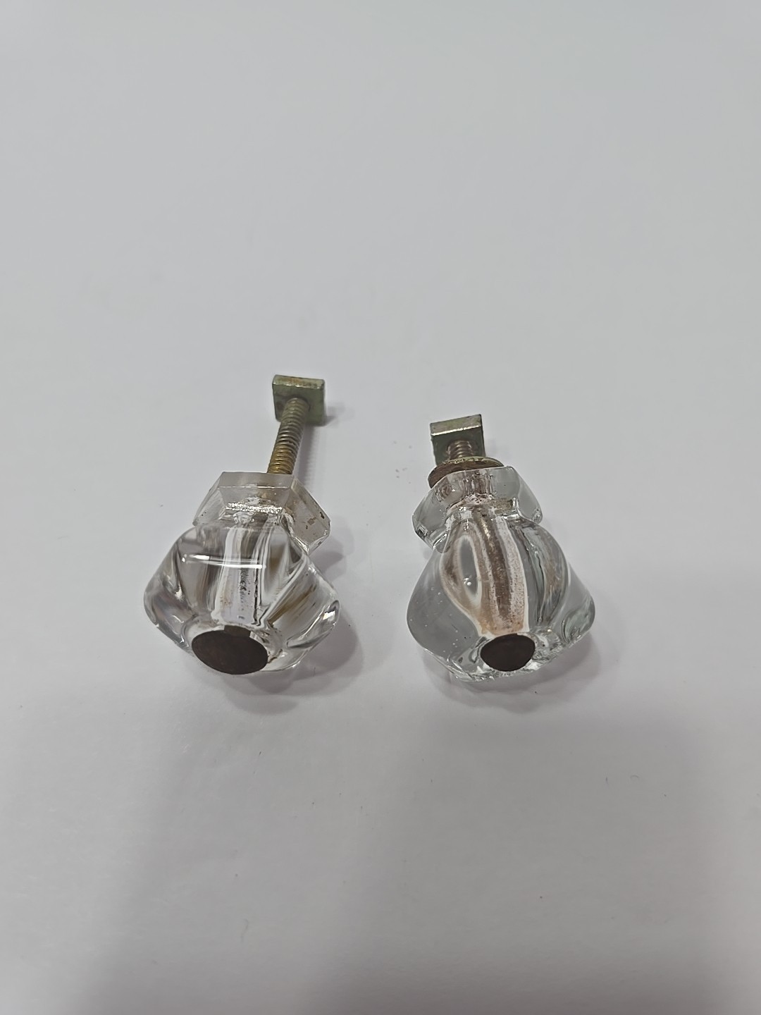 Lot of 2 VTG Clear Glass 6 Sided Cabinet Pulls Drawer Knobs Sunken Screw Heads