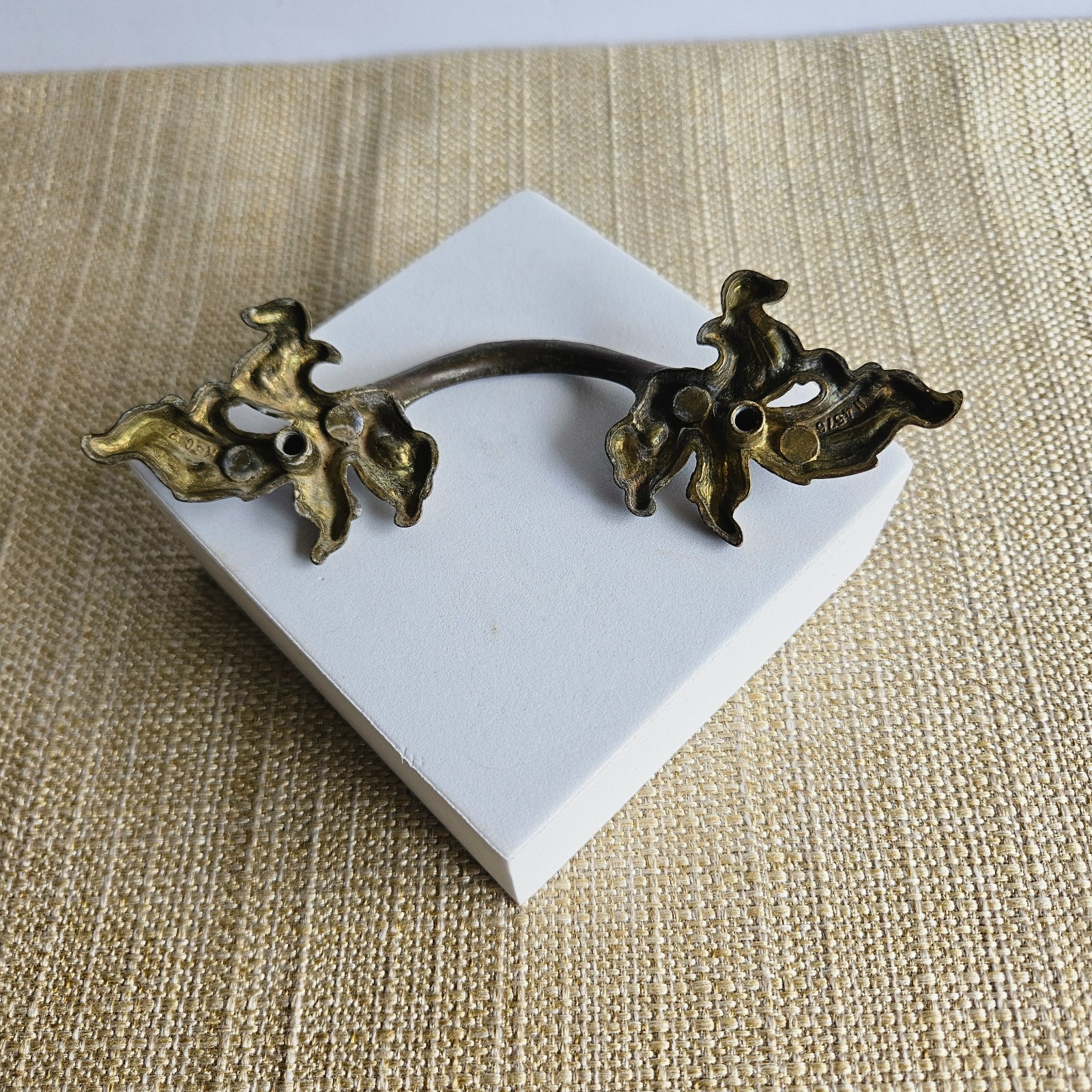French Provincial Bail Drop Drawer Pulls Pair Antique Brass Patina Ornate M1676