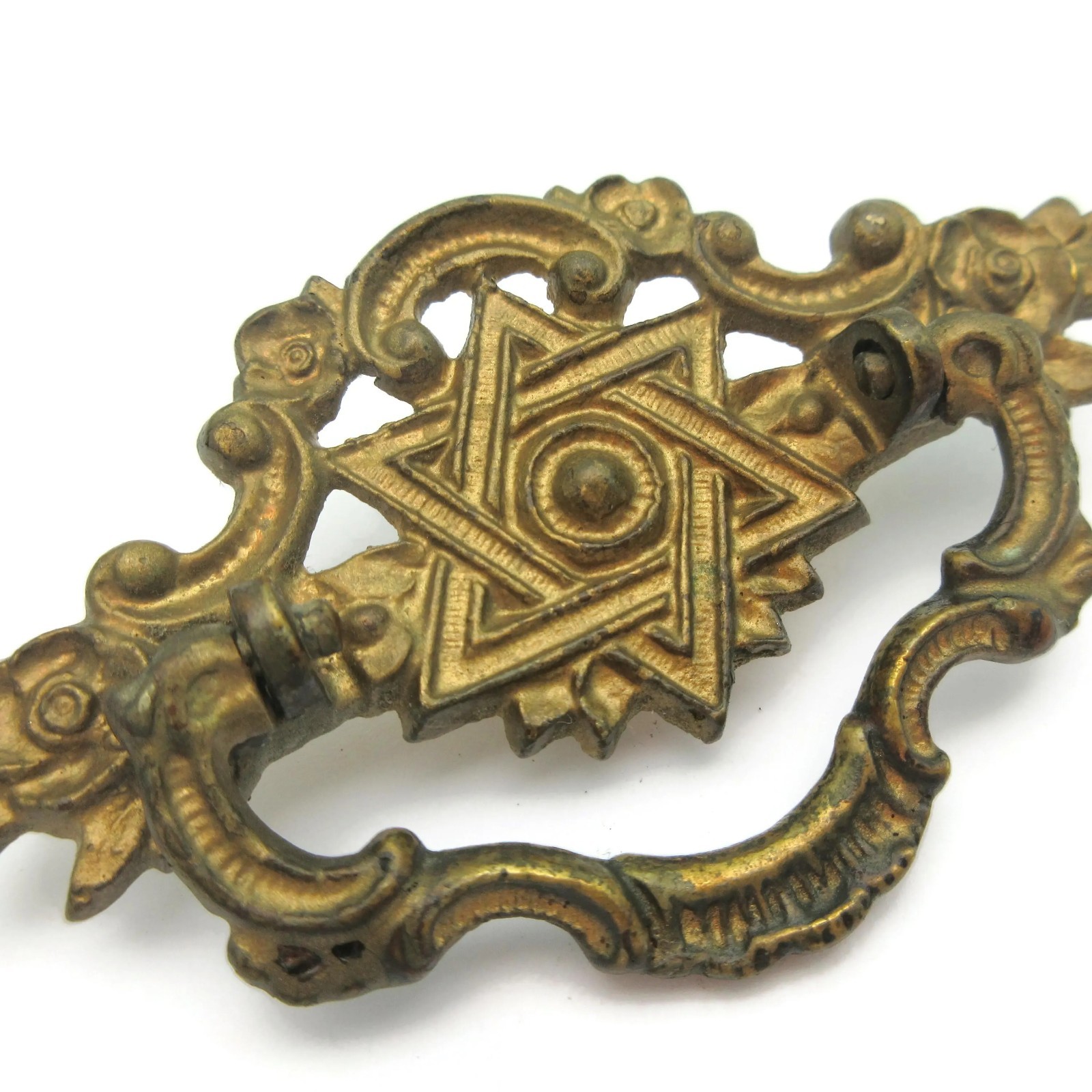 Vintage Drawer Pull Star of David Victorian Brass Bail Drop Handle Flat H531 LQ8