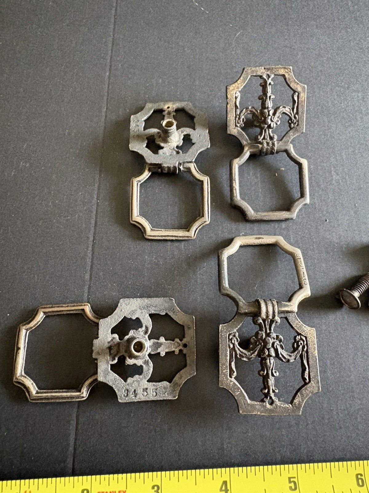4 antique hardware drop ring drawer pull Set # 3455 Rococo Inspired Hexagonal