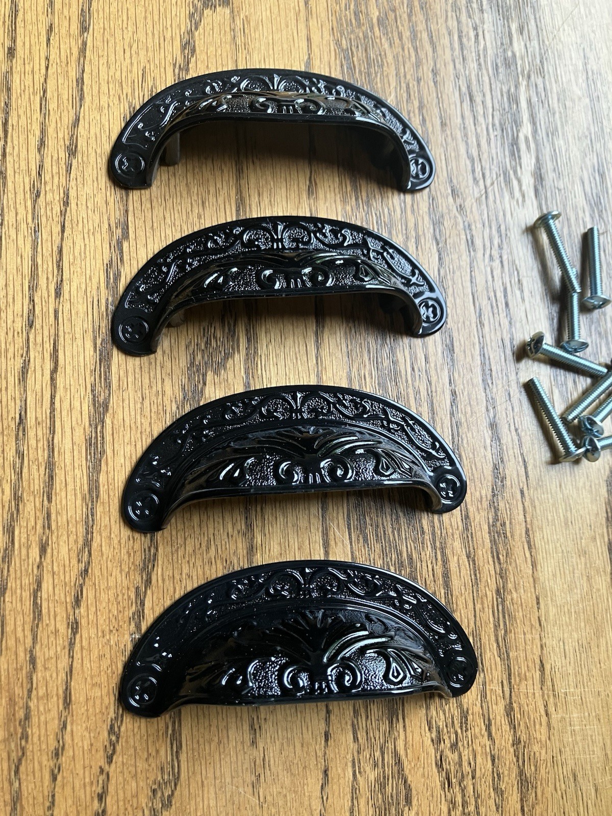 Lot of 4 Black Ornate Metal Cabinet Drawer Cup Pulls 2 1/2 Centers 3 7/8″ Long.