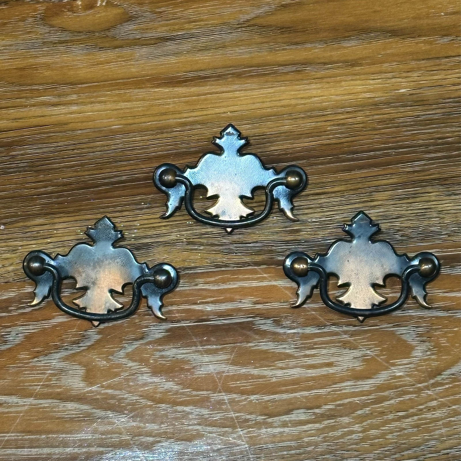 Vintage Chippendale Batwing Brass Antique Copper Drop Bail Drawer Pulls SET OF 3