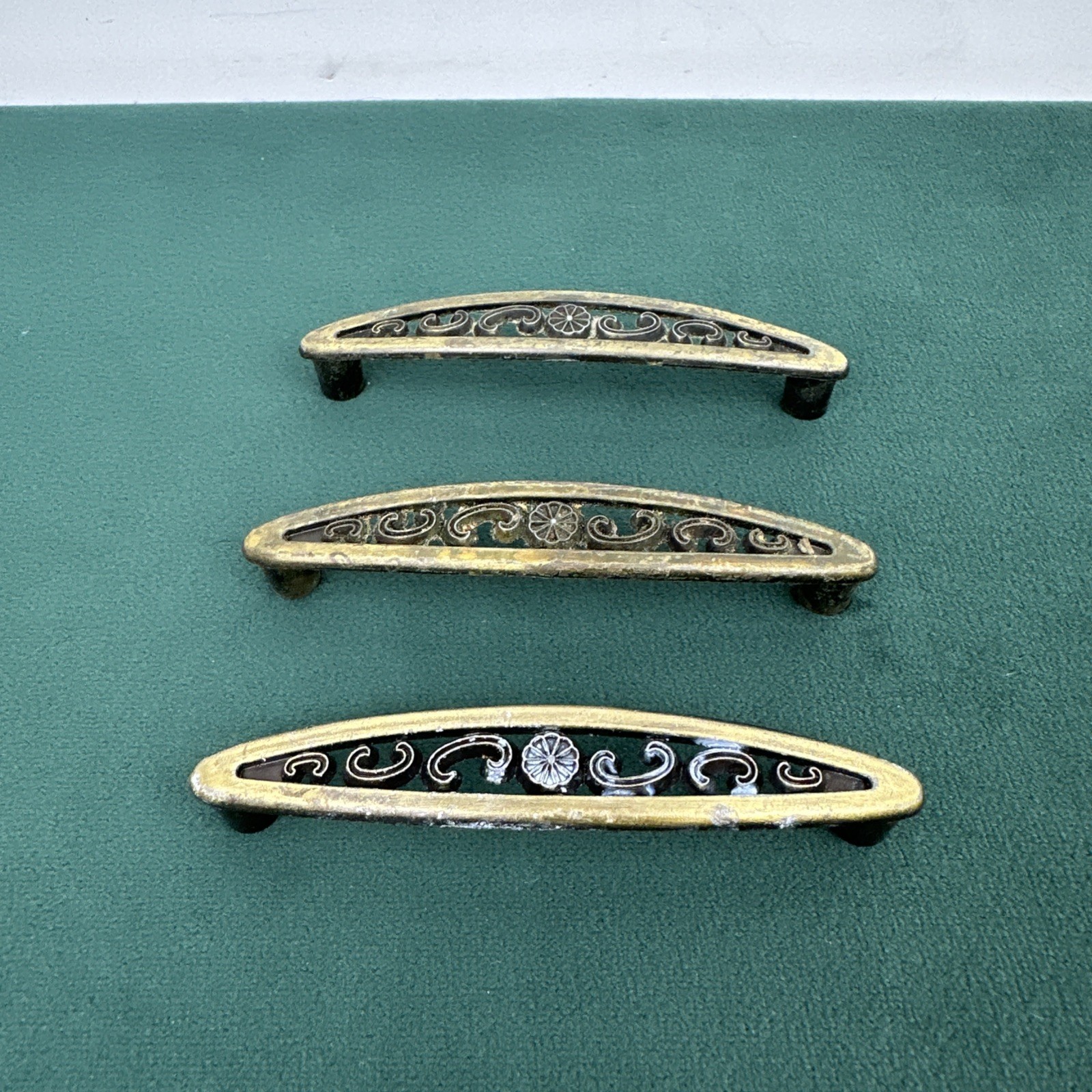 3 Vintage MCM Allison 891 Antique Gold Floral Filigree Pull Handle 3″ OC