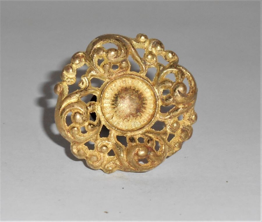 Antique Round Brass Drawer Pull Knob Filigree 1 and 1/2 inch Diameter