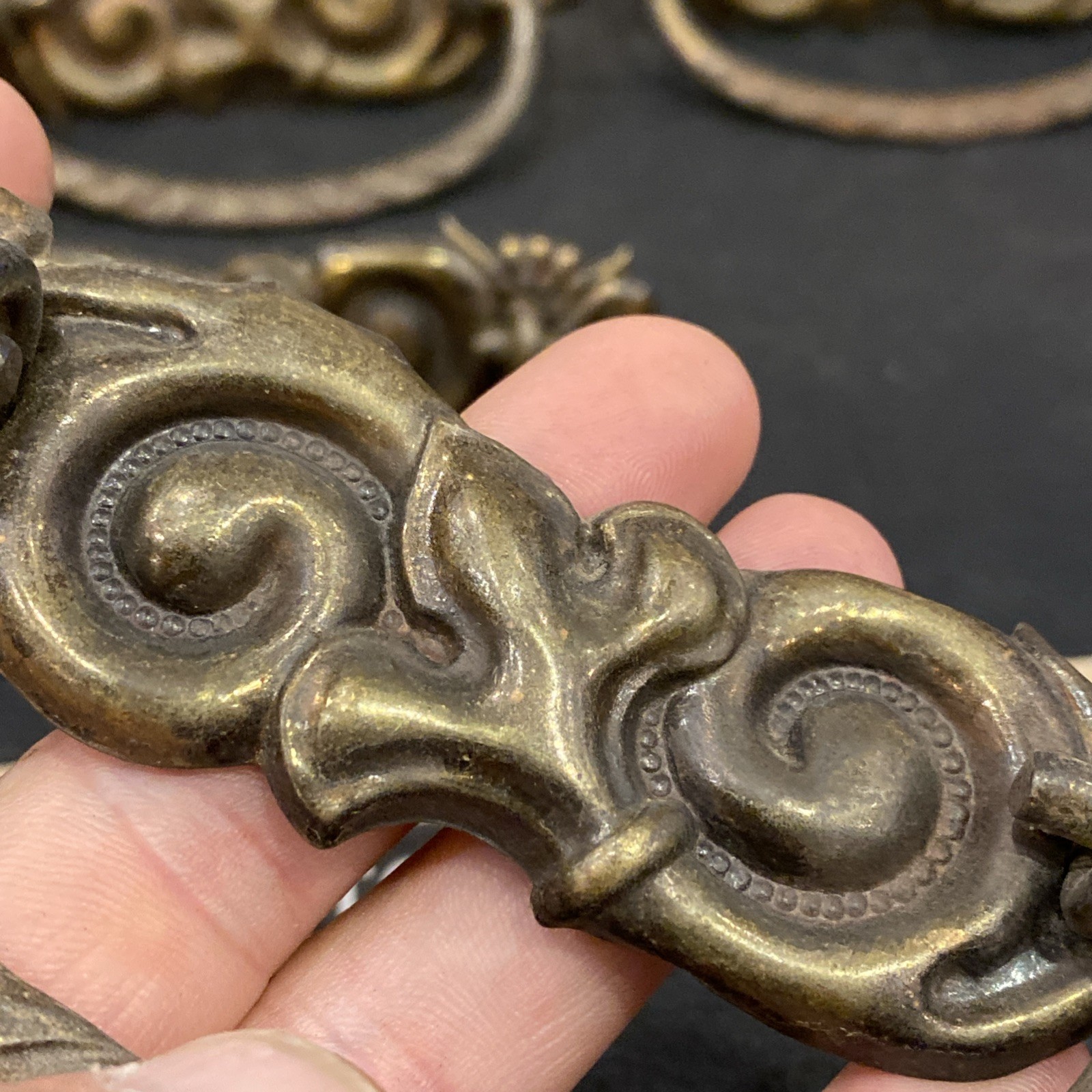 8 Antique Drop Bail Pulls Ornate Nouveau Scroll Fleur De Lis French Lily Flower