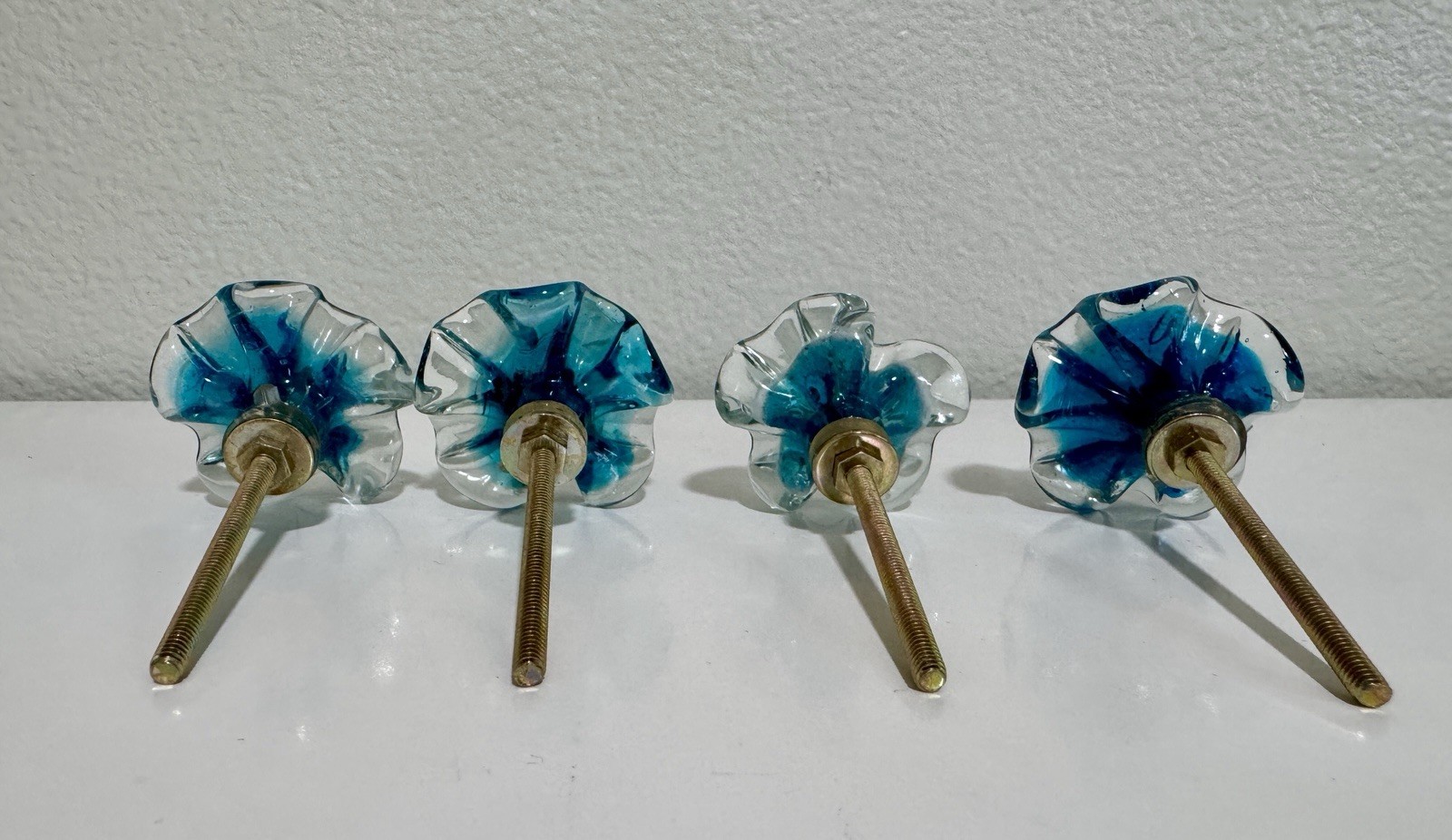 Set Of 4 Vintage(?) Blue Clear Blown Glass Flower Cabinet Drawer Knobs Pulls