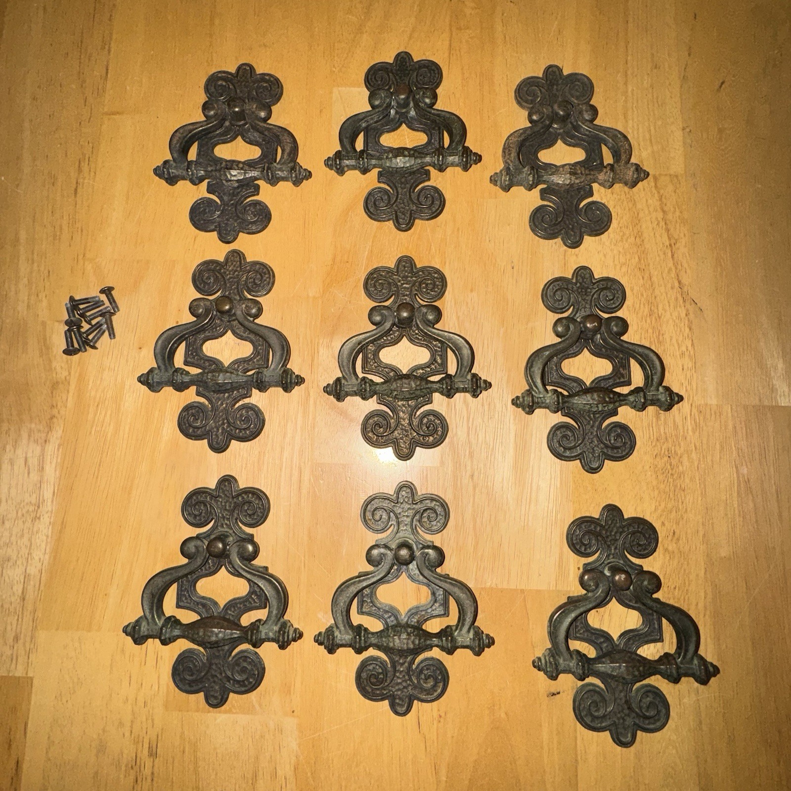 9 Ornate Vtg. Brass Celtic Drawer Bail Cabinet Door Ring Pull Handle & Backplate