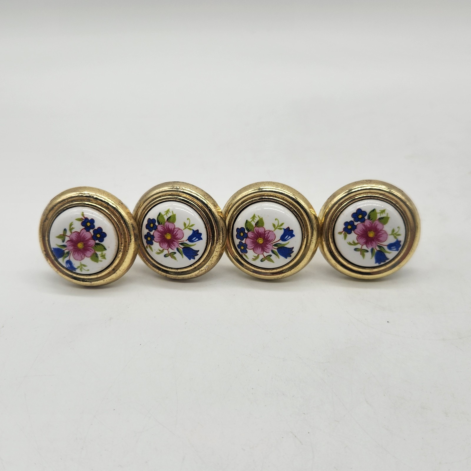 Set of 4 Vtg Ceramic Drawer Knobs Brass Cabinet Pulls Pink Blue Flowers