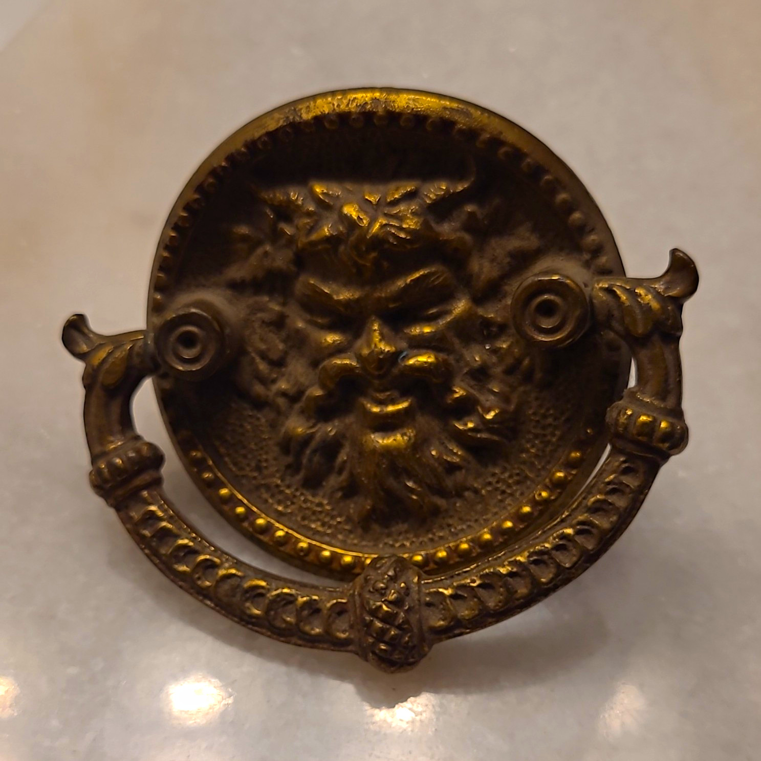 Antique Style Head Face Brass Tone Metal Bail Drawer Pull Door Knocker