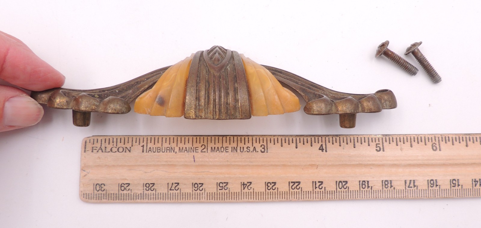 5 Art Deco Drawer Pull w/ Bakelite Vintage Knob Brasstone Waterfall Handle Set