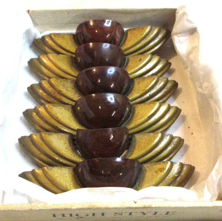 RARE~ART DECO BUREAU DRAWER PULLS~ SIX(6) METAL AND LUCITE IN AN OLD CIGAR BOX