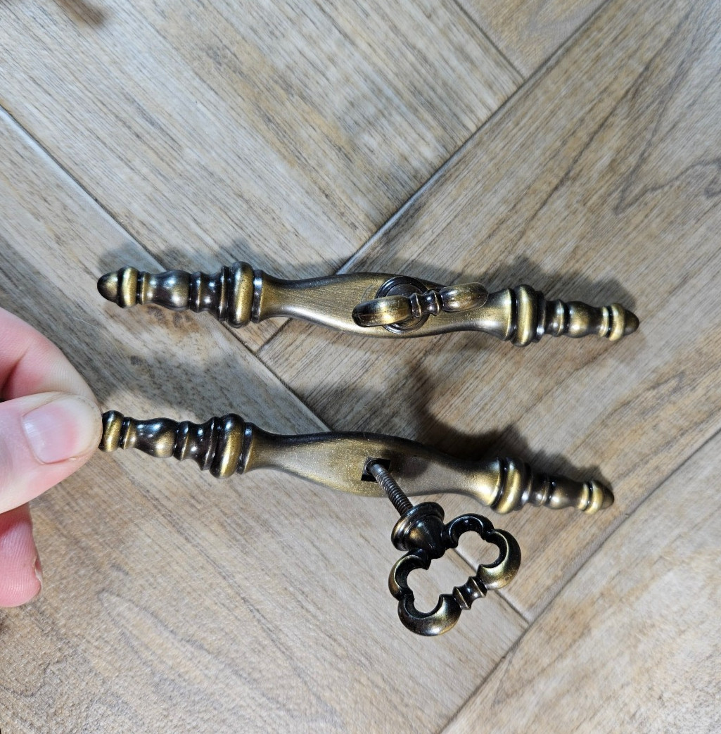 2 Vintage Faux Lock & Key Drawer Pulls – Antique Brass Tone Color