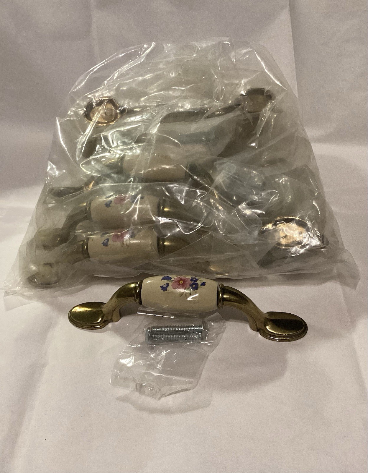 12 Vintage Ceramic And Brass Floral Design Drawer Pulls