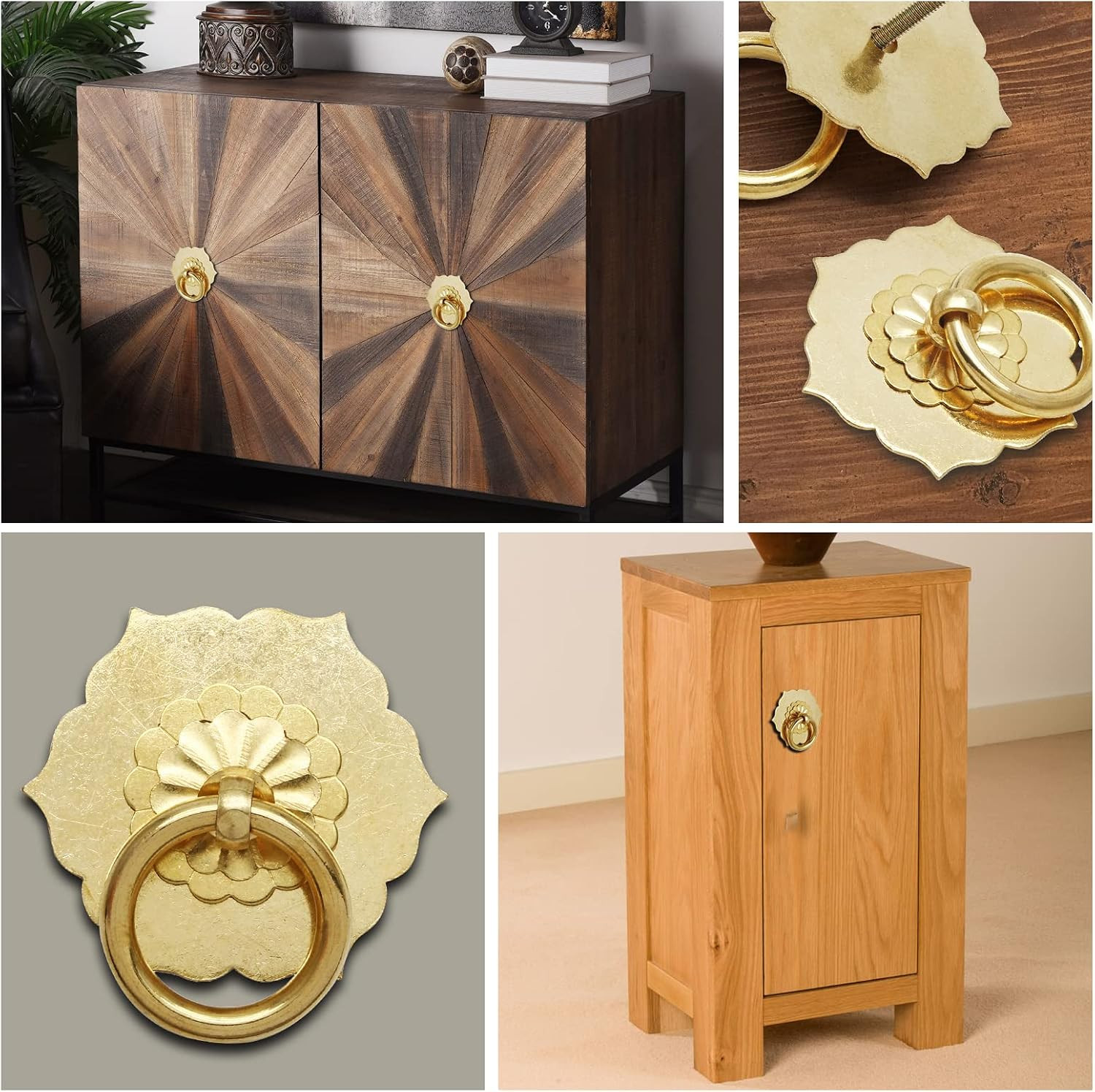 4Pcs Antique Brass Ring Pulls Flower Shape Cabinet Knobs Drawer Pulls With Screw