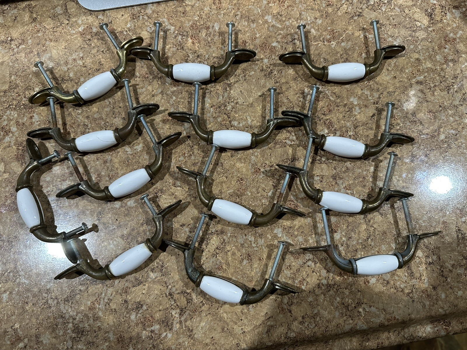 Vintage Drawer Pulls Handles Cupboard Door SET of 13 Ceramic porcelain & Brass