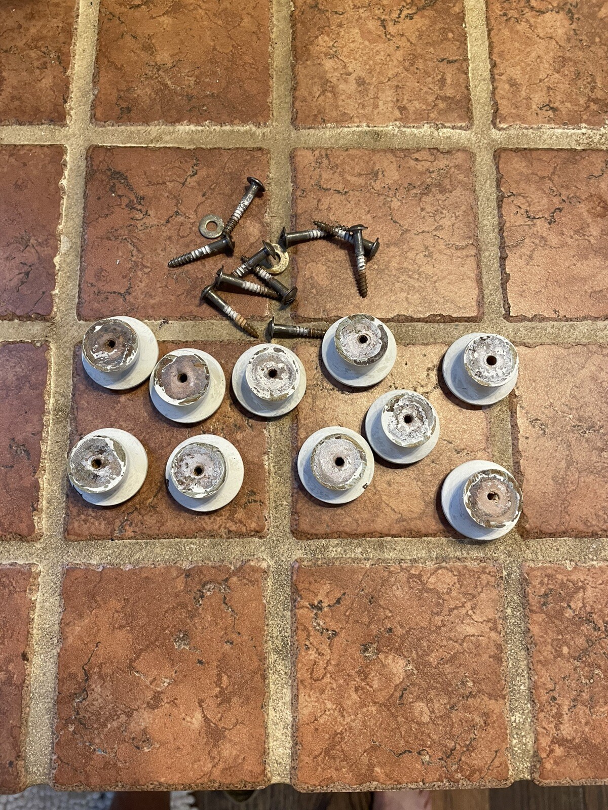 VIntage LOT of 10 Painted White Wood Cabinet Mushroom Knobs Drawer Pulls 1 1/2”