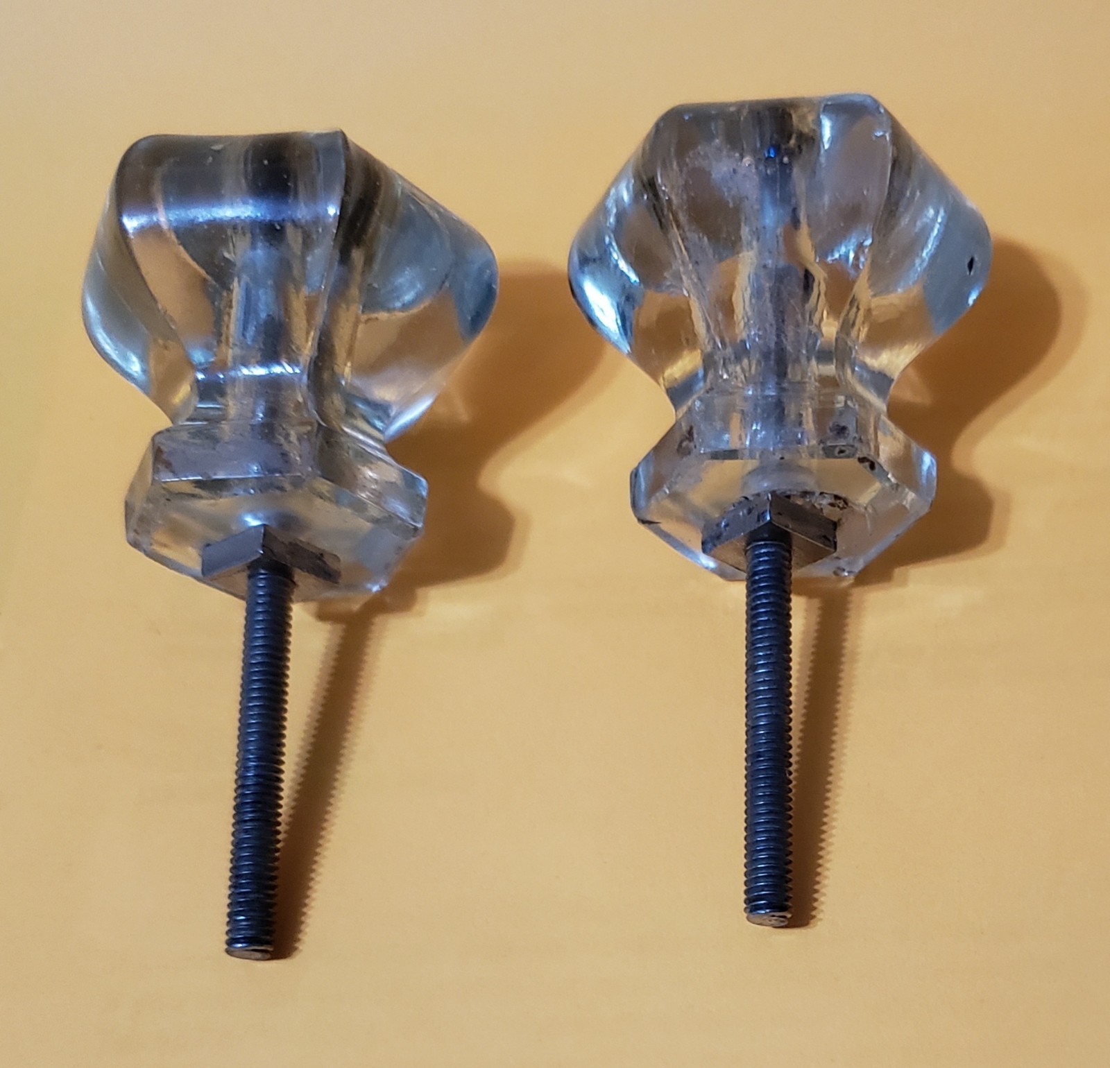 2 Antique Hexagonal Clear Glass Drawer Knobs 1.5″ x 1.3125″