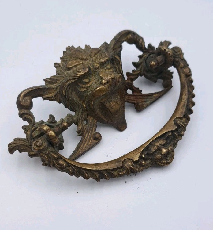 Antique Lion Face Drop Bail Pull Drawer Cabinet Handle Ornate Old Brass Hardware