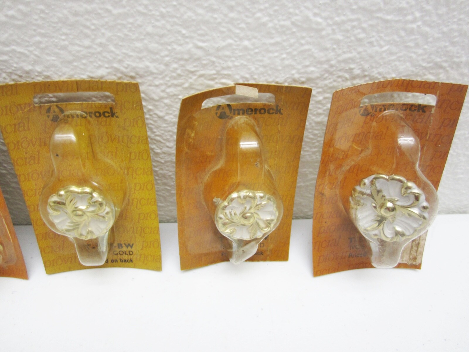 Lot 3 NOS 1960s Amerock T-592 & 596 Knobs, Provincial, Ivory Gold, Floral/Round