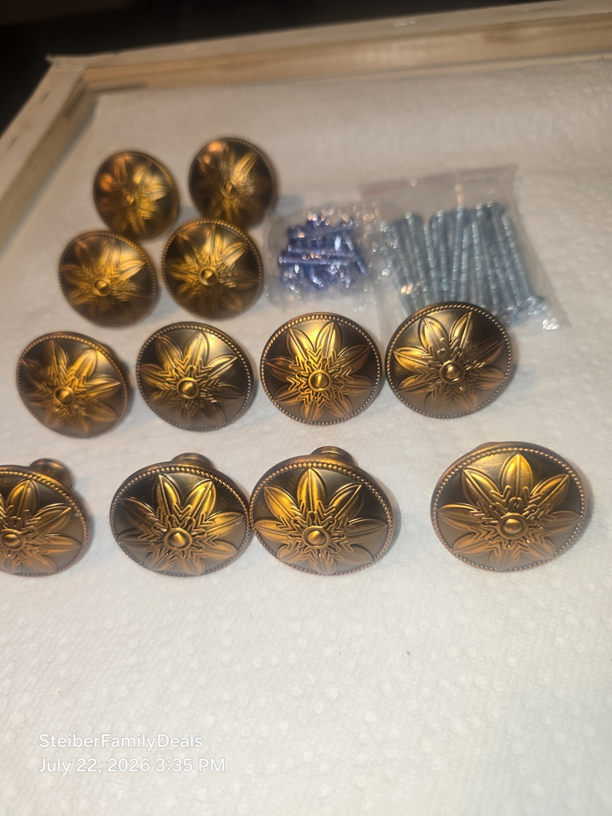12 Antique Brass Knobs / Handle Pulls – Flower Pattern for Cabinets Drawers