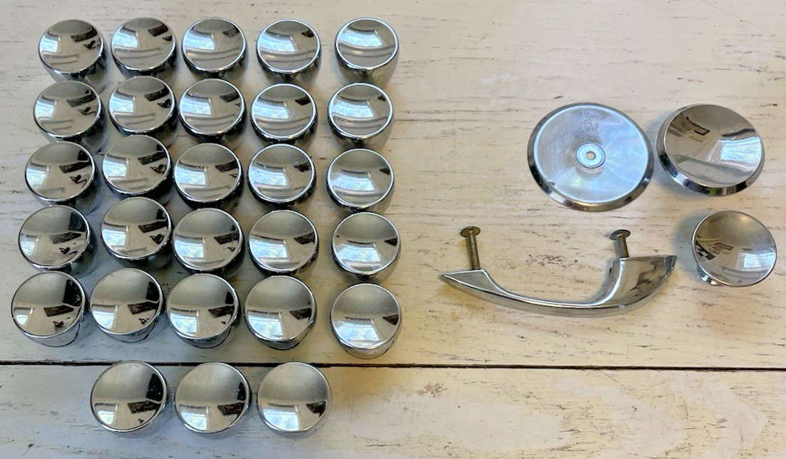 Ajax Chrome Vintage Knobs & Handle Large Lot Cupboard Drawer Cabinet MCM 31 USA