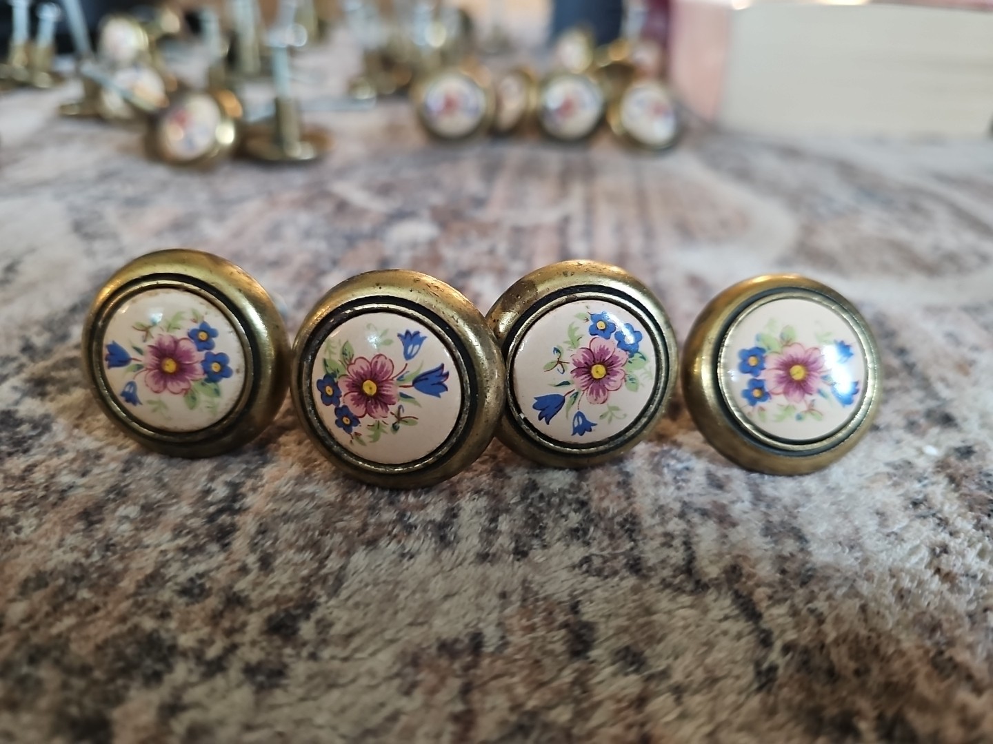 Amerock Brass & Porcelain Pink Blue Floral Pull Drawer Cabinet Knob-lot of 4