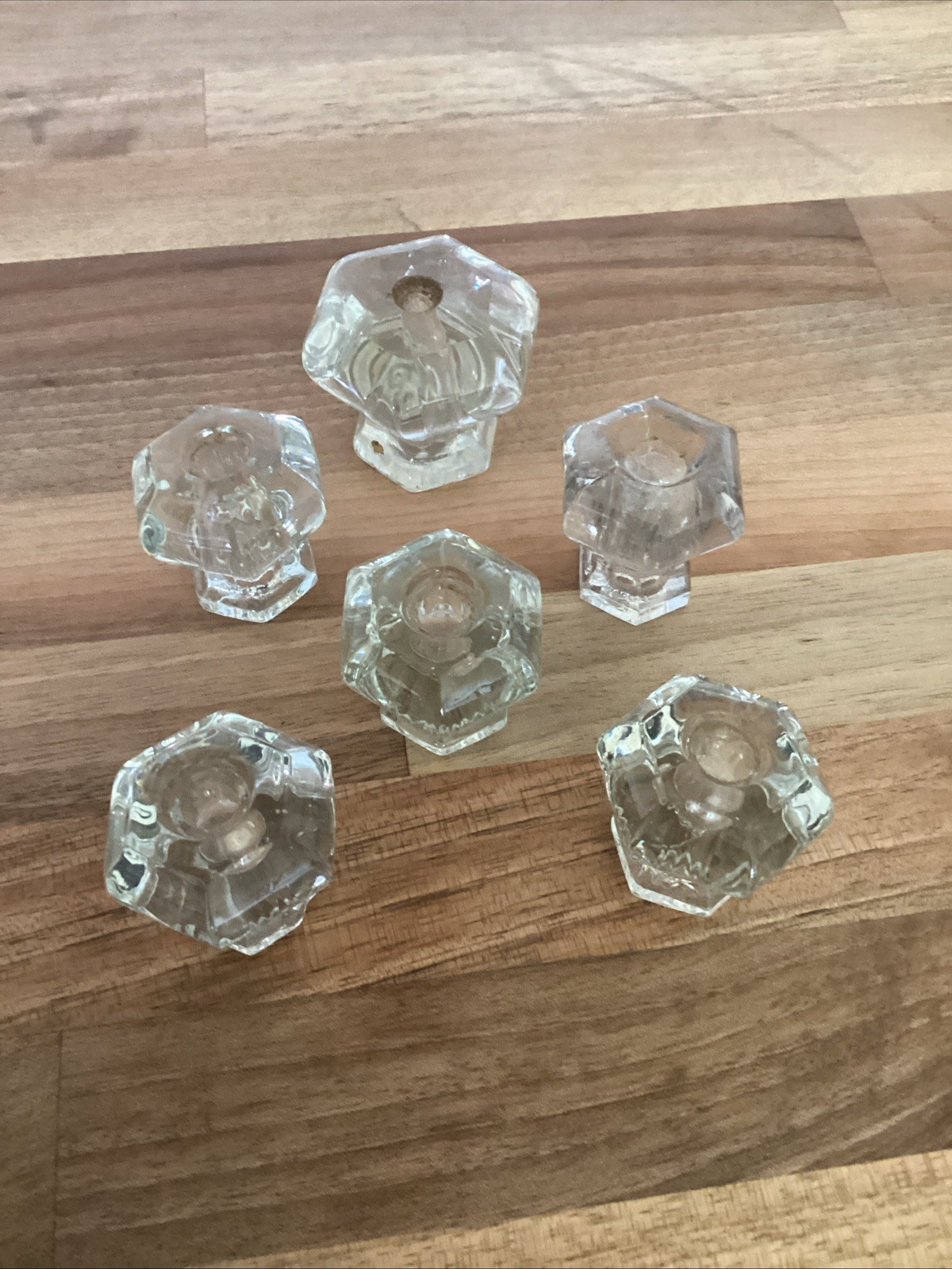 6 Vintage Depression Style 2 Size Hexagon Clear Glass Drawer/ Cabinet Knob Pulls