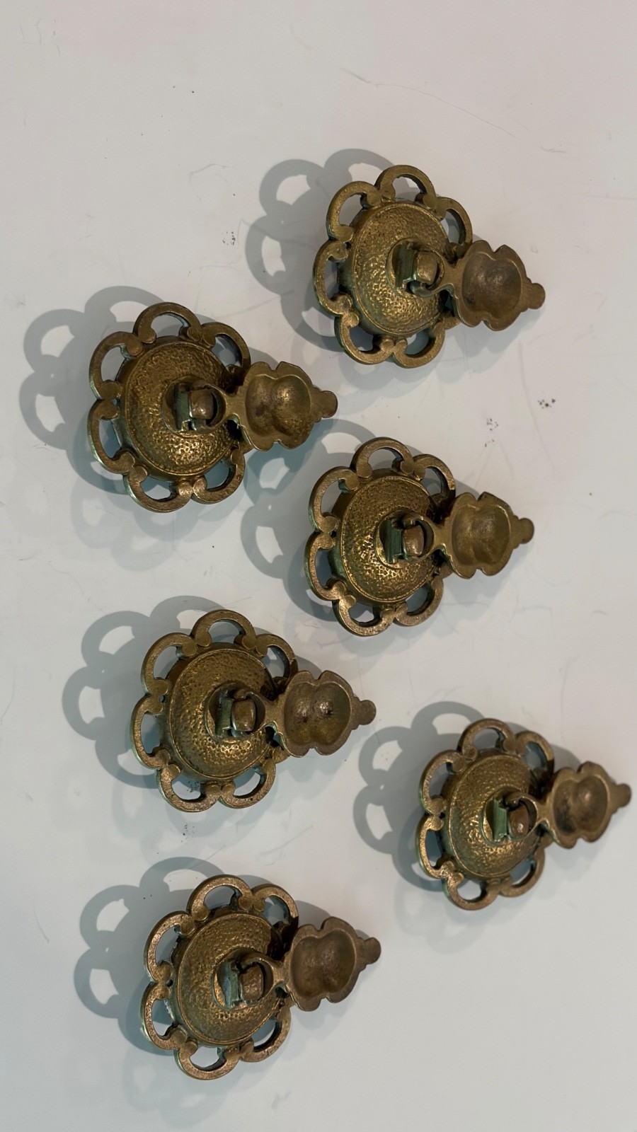 Set of 6 Antique Vintage Brass Teardrop Drop Pulls Ornate Scalloped