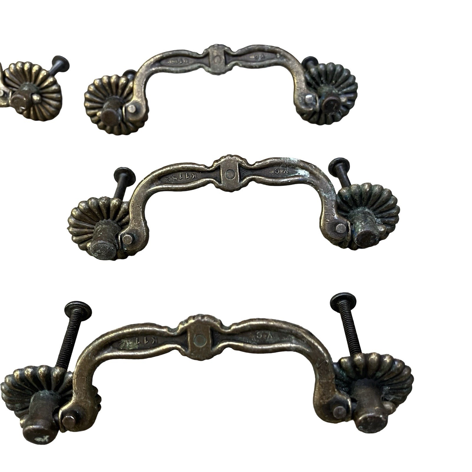 VTG YC Brass Bail Drop Drawer Pulls Rosette Set Of 6 Reclaimed Cabinet Handles
