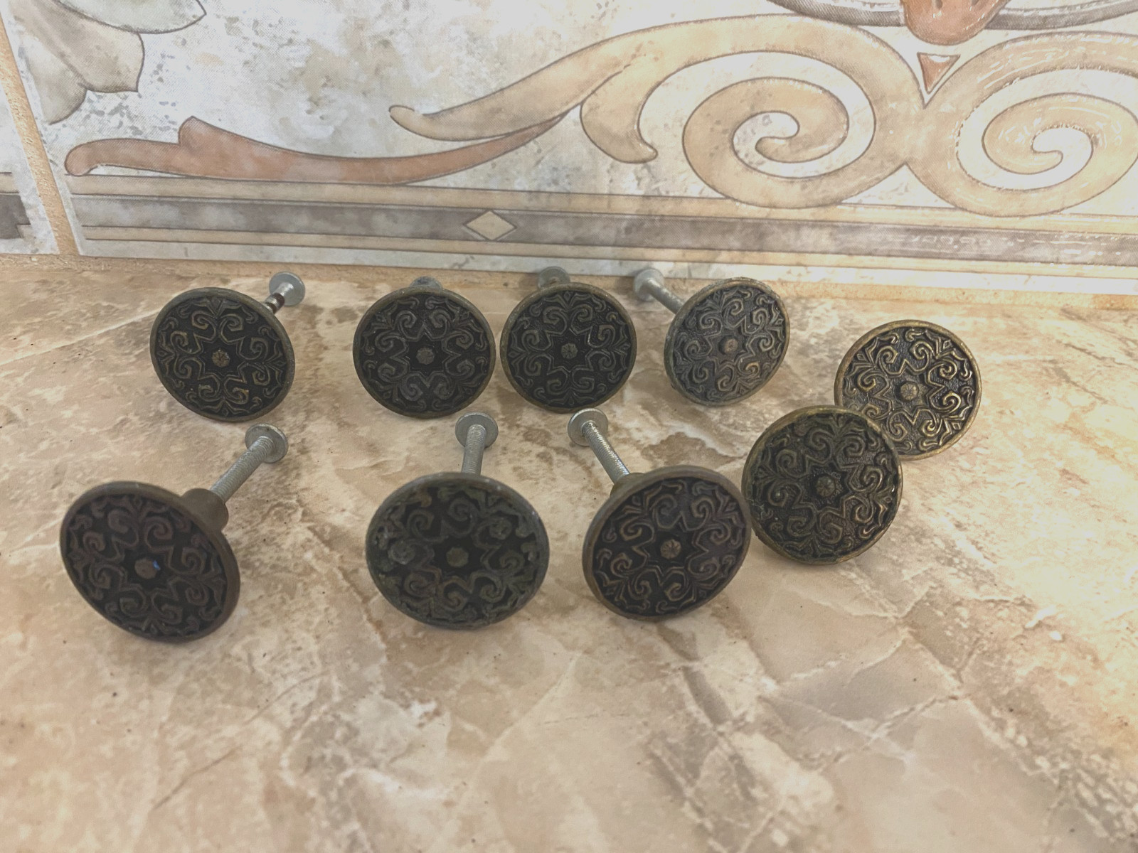 Vintage salvage, grecian or celtic style, 9 pc knobs and 7 screws lot