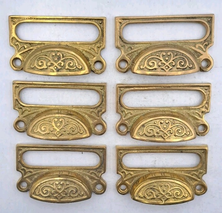 Card Label Bin Pulls Drawer Pull Handle Cast Brass Antique Reproduction Set of 6