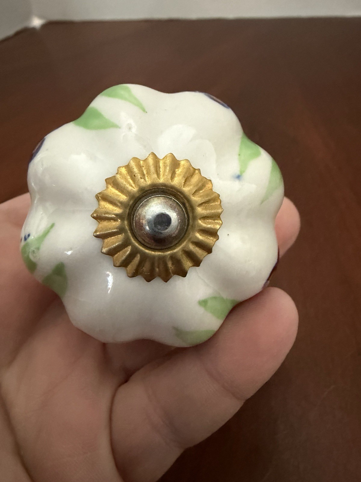 Vintage Hand Painted 2” Cabinet/drawer Knob W/ Green/blue Floral Design Ceramic