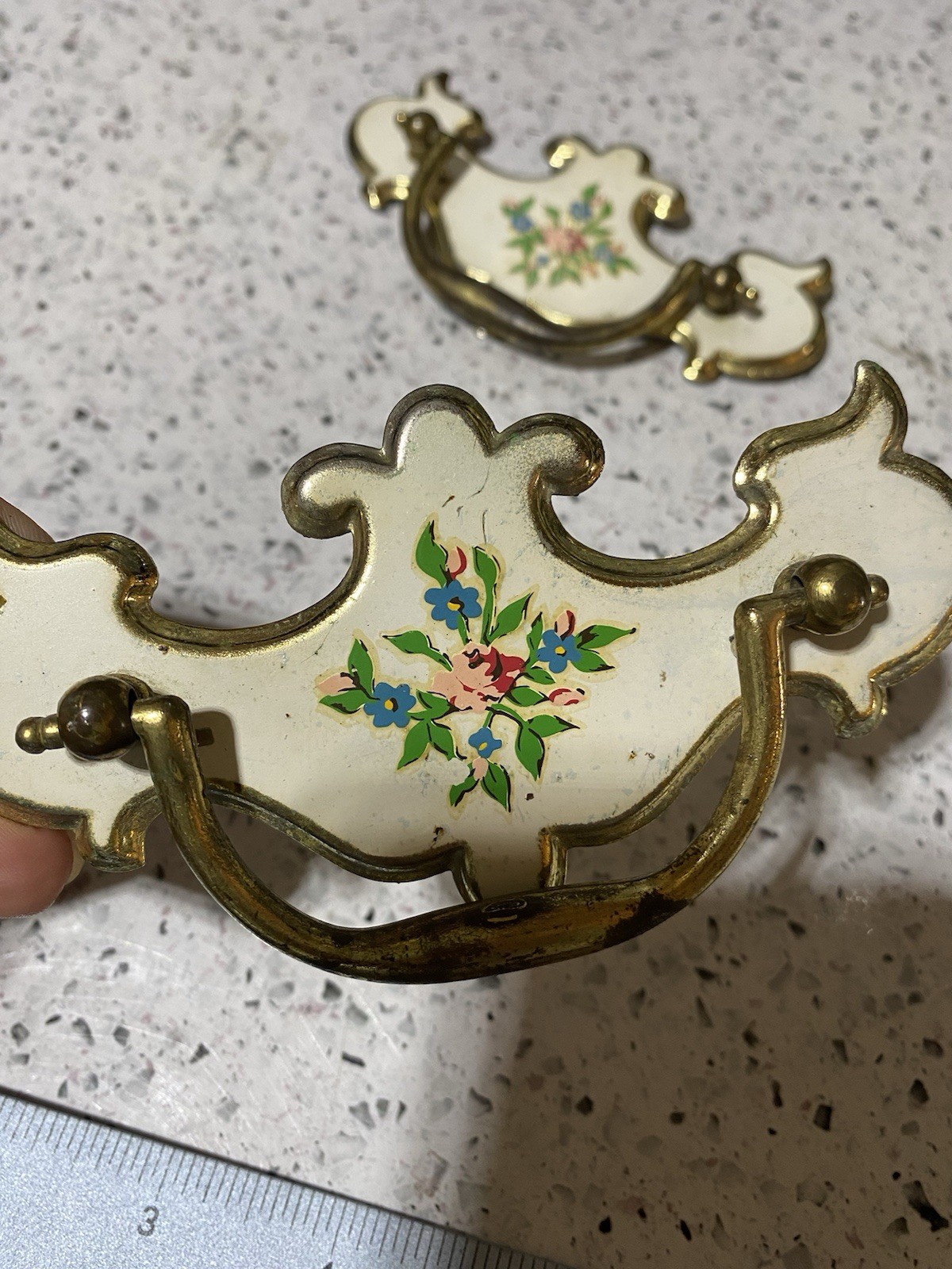 Vintage Chippendale Queen Anne Furniture Bail Pulls Painted Floral Design 2