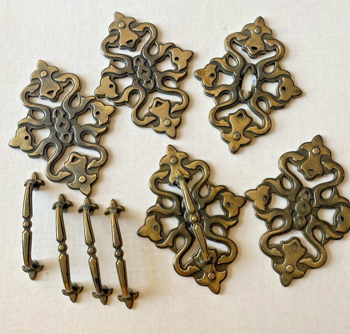 Vintage Brass Pulls Handles with Backplates Cabinet Drawers Hardware Ajax
