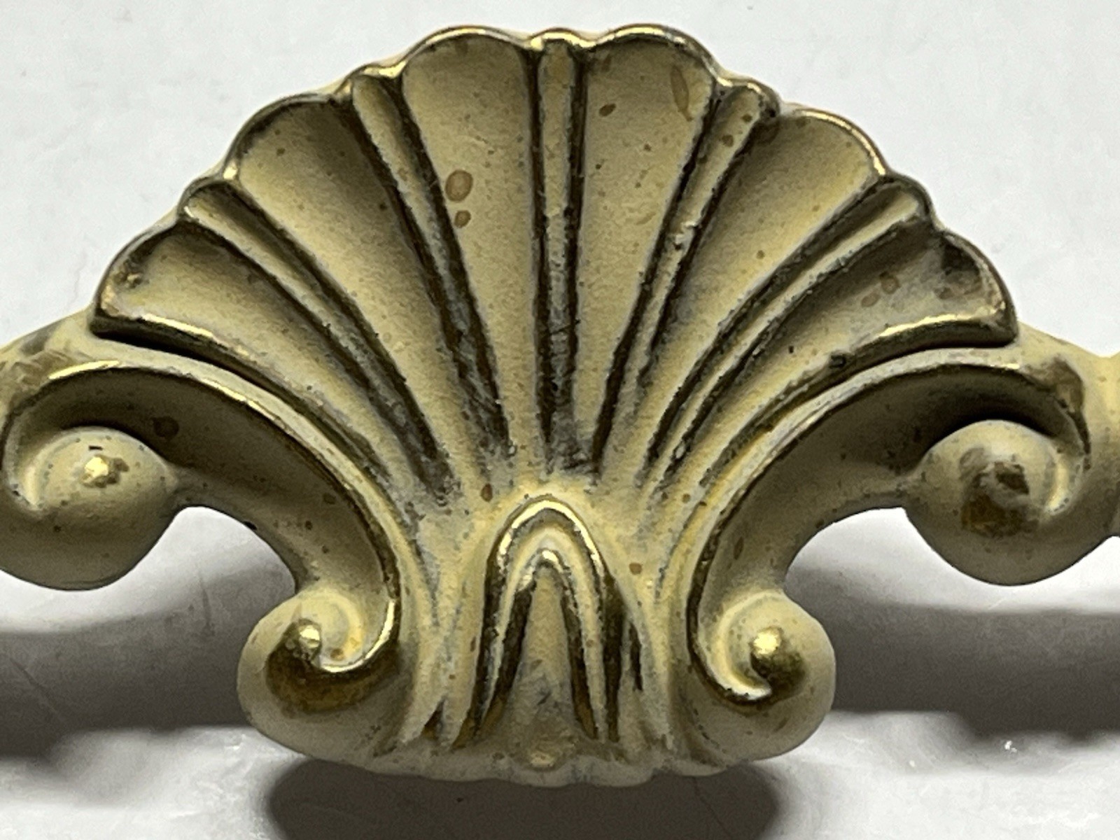 Vintage Lot (5) NOS KBC Brass & Beige Whitewash Shell Design Fixed Drawer Pulls