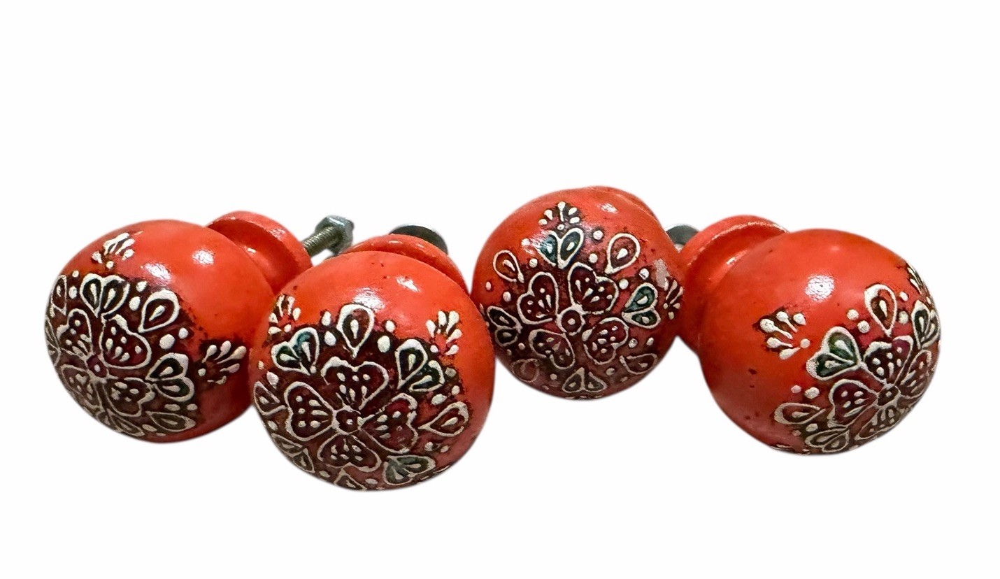 Vintage Wooden Knob Pull Drawer Dresser Set Of 4 Hand Painted Orange