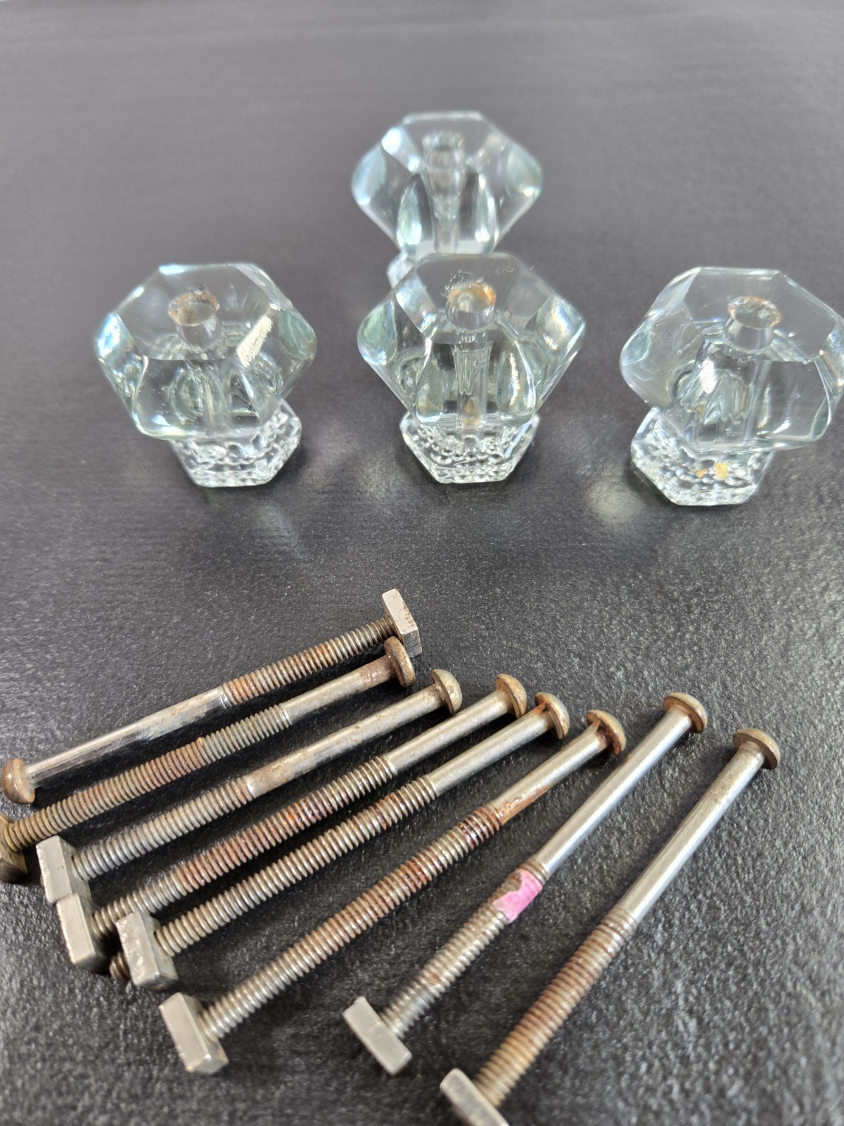 Antique Clear Glass Cabinet Knobs Hexagonal Lot Of Four