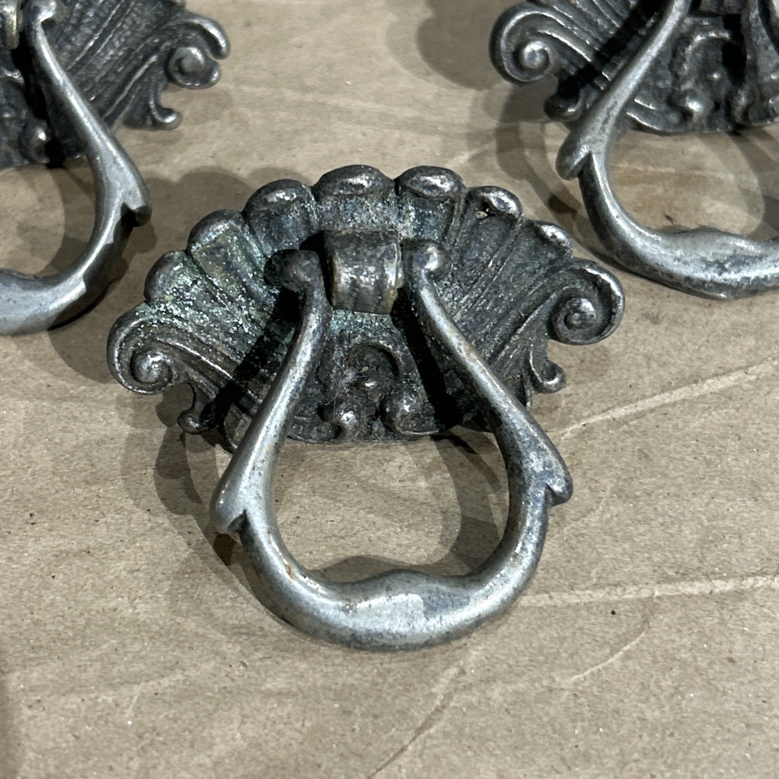 VICTORIAN Nickel Drawer Pull Antique Hardware Drop Ring Shell Knob Lot Of 3 3316